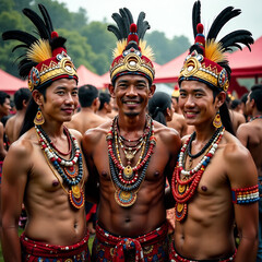 Indigenous people adorned in traditional attire, standing proudly together, showcasing cultural unity and heritage during the Hornbill Festival