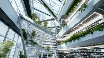 Modern Library Design Bookshelves, Plants, and Glass Architecture Generative Ai.