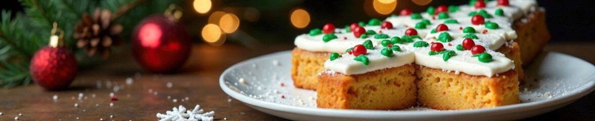 A Christmas tree shaped cake with frosting and decorations next to a plate of holiday baked goods, festive treats, holiday baking