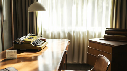 Vintage Typewriter, Desk, Lamp, Mid Century Modern Office Generative Ai.