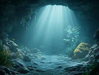 Obraz premium Captivating Underwater Cave Illuminated by Ethereal Light Rays in the Serene Ocean Depths