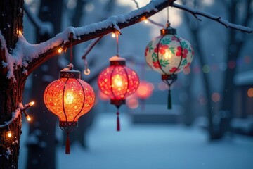 A colorful array of festive lanterns hanging from a frosty tree branch, cozy surroundings, peaceful atmosphere