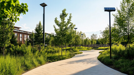 Modern Park Pathway with SolarPowered Lamps, Lush Greenery Generative Ai.