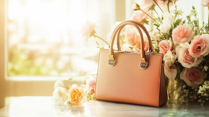 Elegant Peach Handbag with Delicate Roses, Spring Fashion Generative Ai.