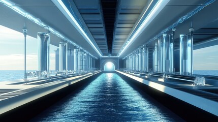 Fototapeta premium Conceptual rendering of a high-tech desalination facility powered by nanotechnology innovations for clean water.