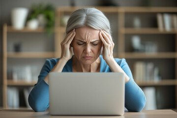 A woman is sitting at a desk with a laptop in front of her. She is looking at the screen with a frown on her face.