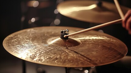 Obraz premium Close-up of a musician playing cymbals in a dim music venue