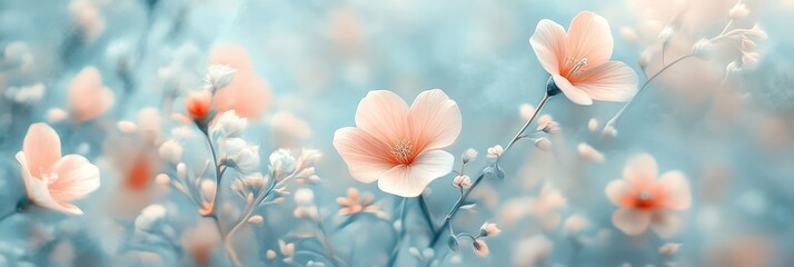 Fototapeta premium Delicate Peach Blossoms in a Soft Blue Garden