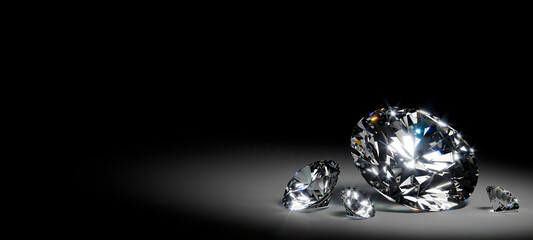 Group of sparkling diamonds resting on a reflective surface against a dark background