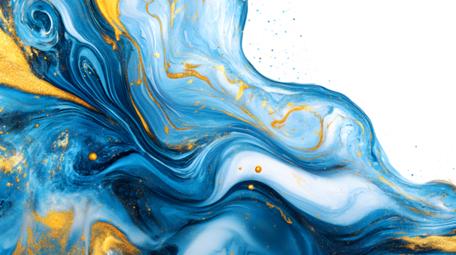 Abstract swirling blue and gold patterns with intricate textures, creating a striking and artistic design. Isolated on white background