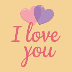 A playful and colorful card design with the phrase i love you with a large red heart and a smaller pink heart