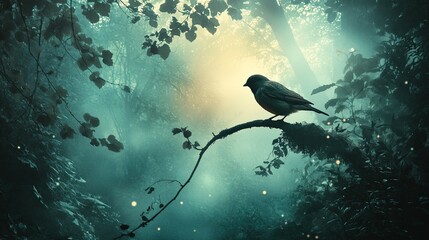 Ethereal forest ambiance with a bird quietly perched on a branch, immersed in mist and soft, glowing light.