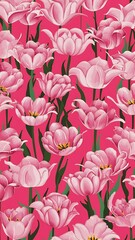 Obraz premium Pink Tulips On Pink Background. Floral Pattern