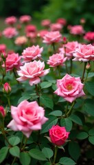Obraz premium A field of blooming pink fresh roses in a lush green garden, pink flowers, blooming roses