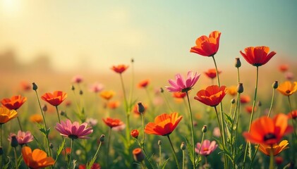 Obraz premium A field of wildflowers sways gently in the breeze against an abstract background of earthy tones, flowers in motion, earthy colors