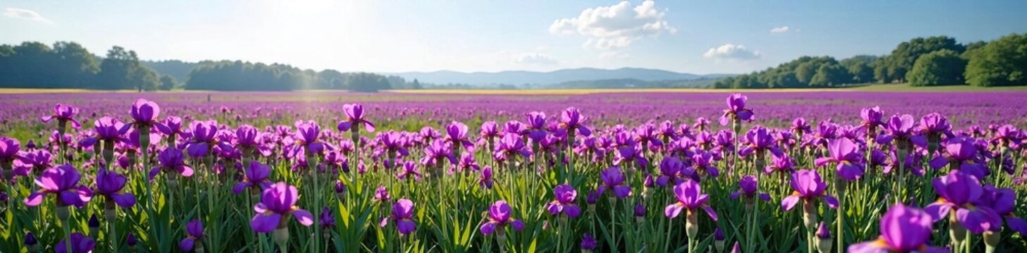 A field of purple irises stretching across the landscape, wildflowers, garden, landscape