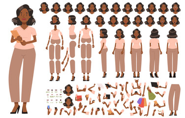Young black woman character constructor. Business girl or secretary. Set of different positions of arms legs body and head to create your own illustrations or animations