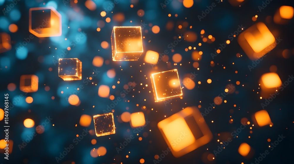 Poster dynamic floating cubes animation digital space visual art abstract environment close-up view futuris
