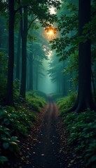 A forest path at dusk with dark green foliage and a faint light glow, forest, light, ambiance