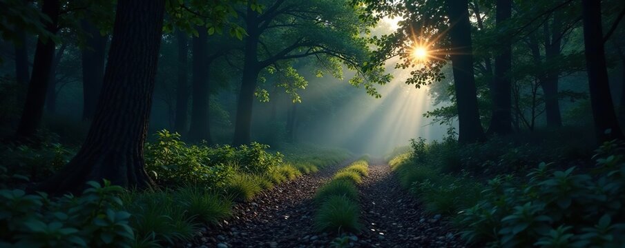 A forest path at dusk with dark green foliage and a faint light glow, atmosphere, mist, glow