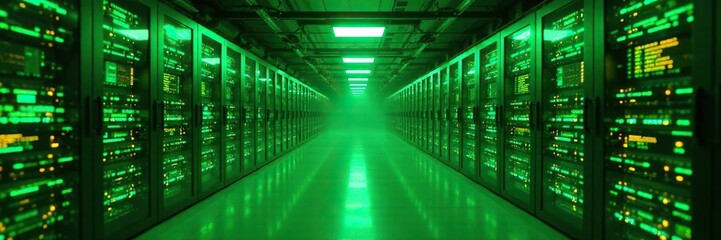 A futuristic laboratory filled with rows of glowing blockchain servers, computing, green, futuristic