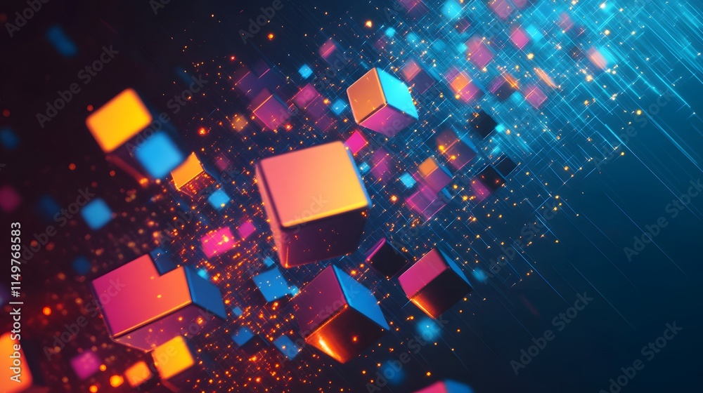Poster dynamic 3d cube animation digital space abstract art futuristic environment aerial view visual techn