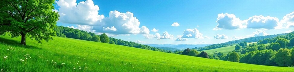 Obraz premium A gentle hill covered with lush green grass and trees under a clear blue sky with white fluffy clouds, forest scenery, natural landscape