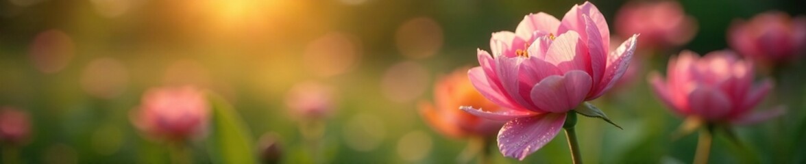 Obraz premium A gentle spring morning dew on a newly bloomed flower in the garden, garden scene, spring morning, fresh blooms