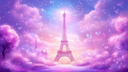 Enchanting dreamscape with tower amidst ethereal clouds and butterflies