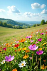 A heathland landscape with a variety of colorful wildflowers blooming in a sunny meadow, landscape, bloom