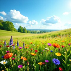 Obraz premium A heathland landscape with a variety of colorful wildflowers blooming in a sunny meadow, landscape, flowers, wildflowers
