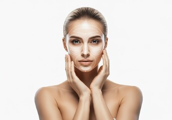 A woman with blonde hair styled in a sleek bun poses with her hands gracefully framing her face