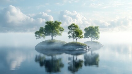 Misty island, tranquil water, three trees reflected.