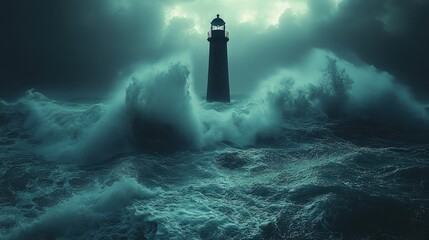 Lighthouse stands strong amidst raging storm waves.