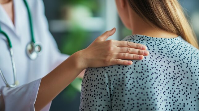 In a tranquil medical office, a compassionate healthcare provider offers reassurance by gently placing a hand on a patient’s shoulder, fostering a sense of comfort and trust