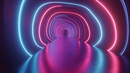 Neon light tunnel exploration digital space 3d animation futuristic environment perspective visual...