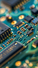 Macro Shot of Computer Chip on Motherboard Highlighting Circuitry and Microelectronic Design in Technology