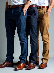 Four pairs of mens dress pants neatly lined up, showcasing various colors and styles