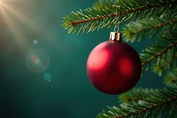 A large red Christmas ball suspended from a branch on the tree, evergreen, fir, pine