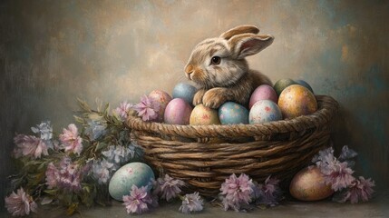 Playful bunny nestled among colorful Easter eggs in a rustic basket with flowers, celebrating springtime.
