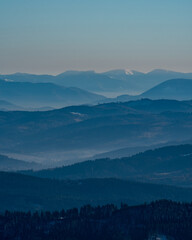 View to Velka Fatra mountains with Ploska hill from Lysa hora hill in Moravskoslezske Beskydy mountains
