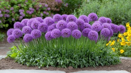 cluster of allium flowers blooming, their purple blooms unfolding against a serene and peaceful garden setting in full springtime bloom