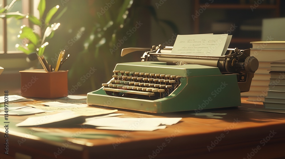 Fototapete featuring an old typewriter surrounded by various documents on a table.