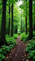 Abandoned trail in the woods with fallen trees, forest floor, nature