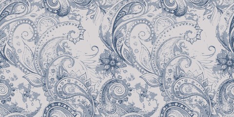 Elegant blue paisley pattern with floral accents on a soft background.
