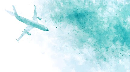 Fototapeta premium Airplane in flight over abstract watercolor background digital art aerial view travel concept
