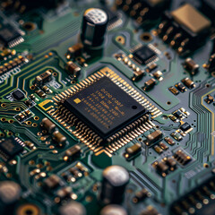 Macro Shot of Computer Chip on Motherboard Highlighting Circuitry and Microelectronic Design in Technology