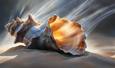 A beautifully detailed seashell resting on a sandy surface, illuminated by soft light.