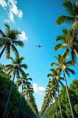 Fototapeta premium Aerial view of airplane flying above dense tropical palm trees at a clear blue sky, scenery, plane, airplane
