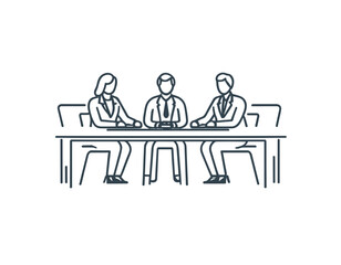 Meeting room, discussion, business conference, support group outline icon. Line sign group of three people sitting at table. Vector isolated pictograms on white background editable stroke.